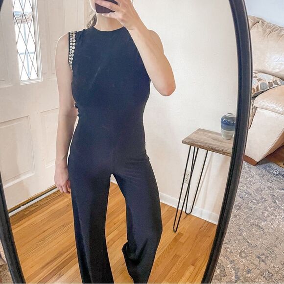 Norma Kamali Studded Open Back Stretch Jersey Jumpsuit Black - Picture 11 of 12